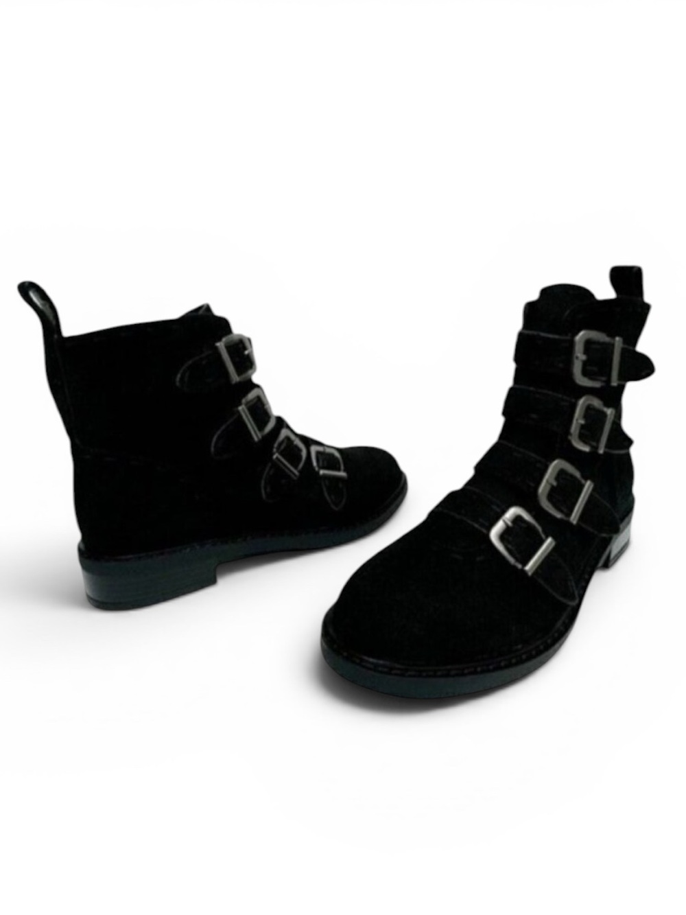 Aerosoles NWOB Arezzo Faux Suede Bootie 7M Black Buckles Lug Low‎ Block  Heel
